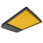 Black rectangular led area light with yellow translucent panel and visible mounting screws for outdoor use