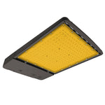 Black rectangular led area light with bright yellow illuminated panel 2200k amber wattage selectable in black finish