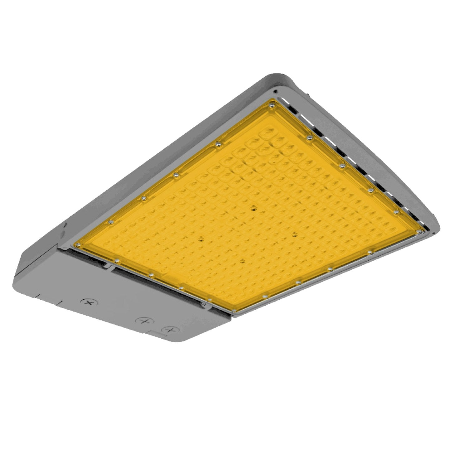 Gray led area light with yellow translucent panel featuring embedded leds 2200k amber 22500 lumen wattage selectable