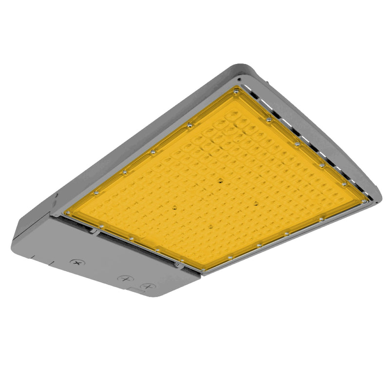 Gray led area light with yellow translucent panel featuring embedded leds 2200k amber 22500 lumen wattage selectable