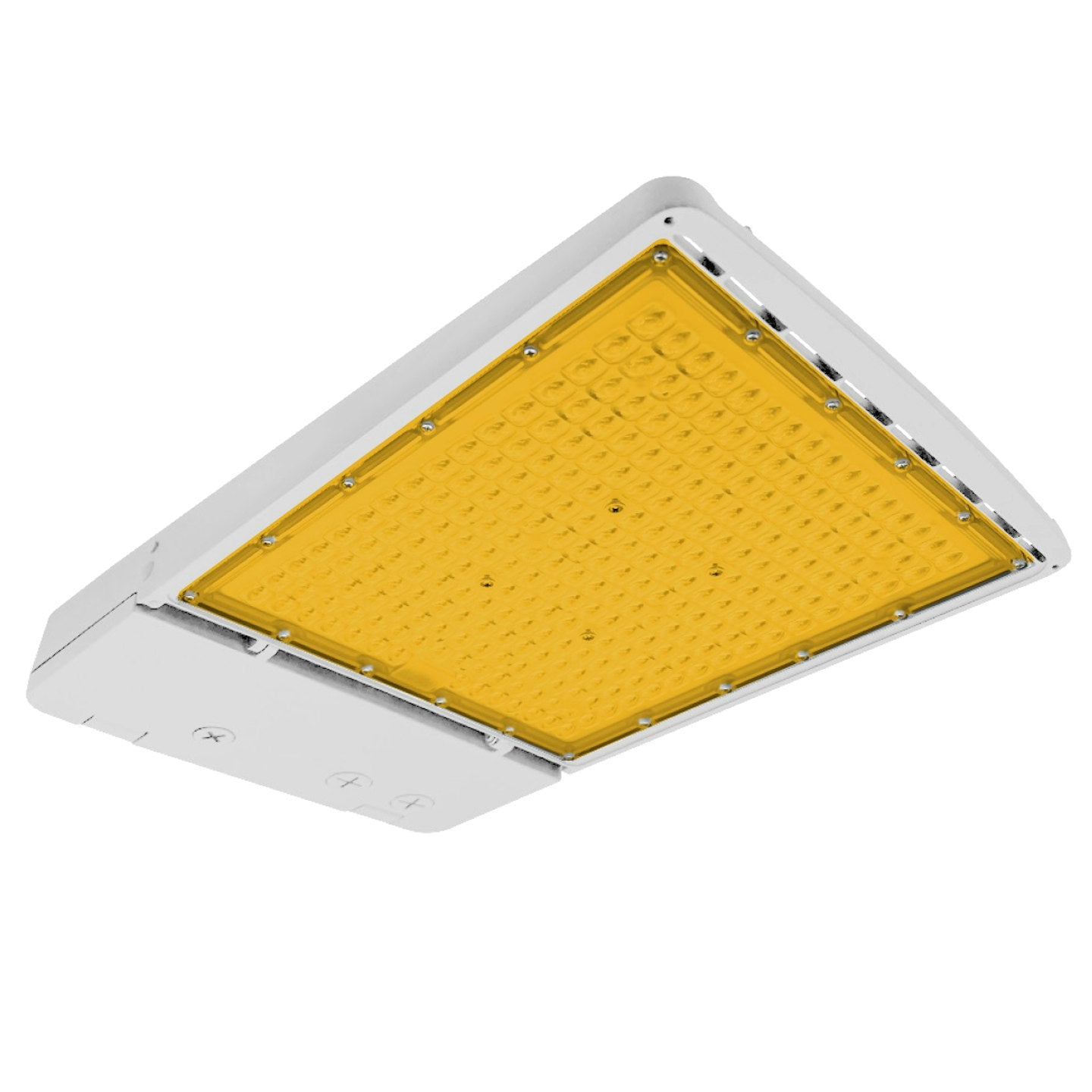 White rectangular led area light with 2200k amber panel and embedded leds in selectable wattage and multiple finishes