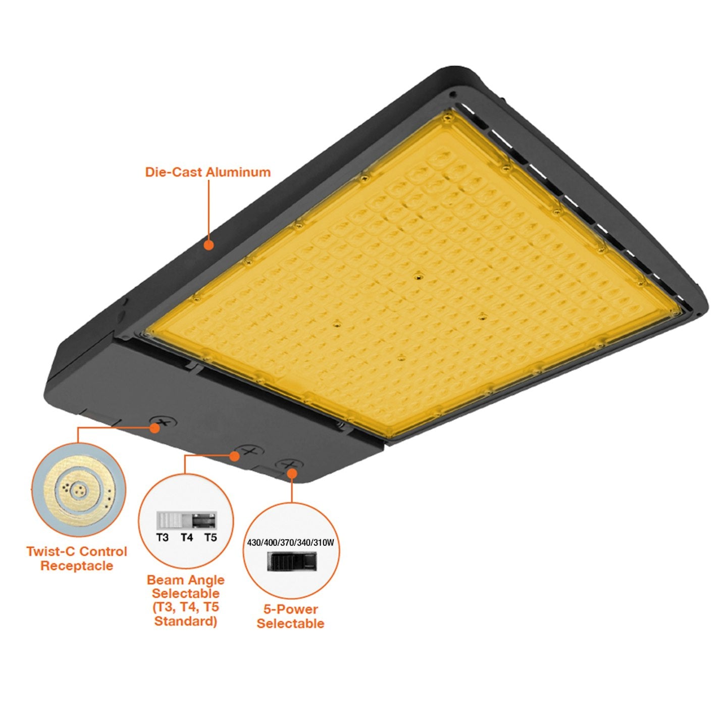LED Area Light, 2200K Amber, 64,500 Lumen Max, Wattage Selectable, 120V-277V or 277-480V, Bronze, Black, White or Gray Finish