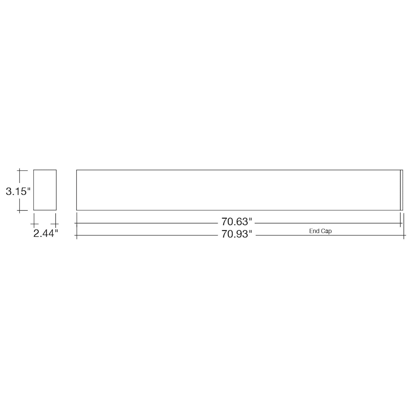 A simple black-and-white technical dimension drawing showing a rectangular product profile with end cap measurements and two side dimensions labeled 3.15 inches and 2.