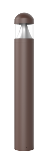 Brown cylindrical commercial led bollard light with dome top, clear glass housing, and cone reflector in bronze finish