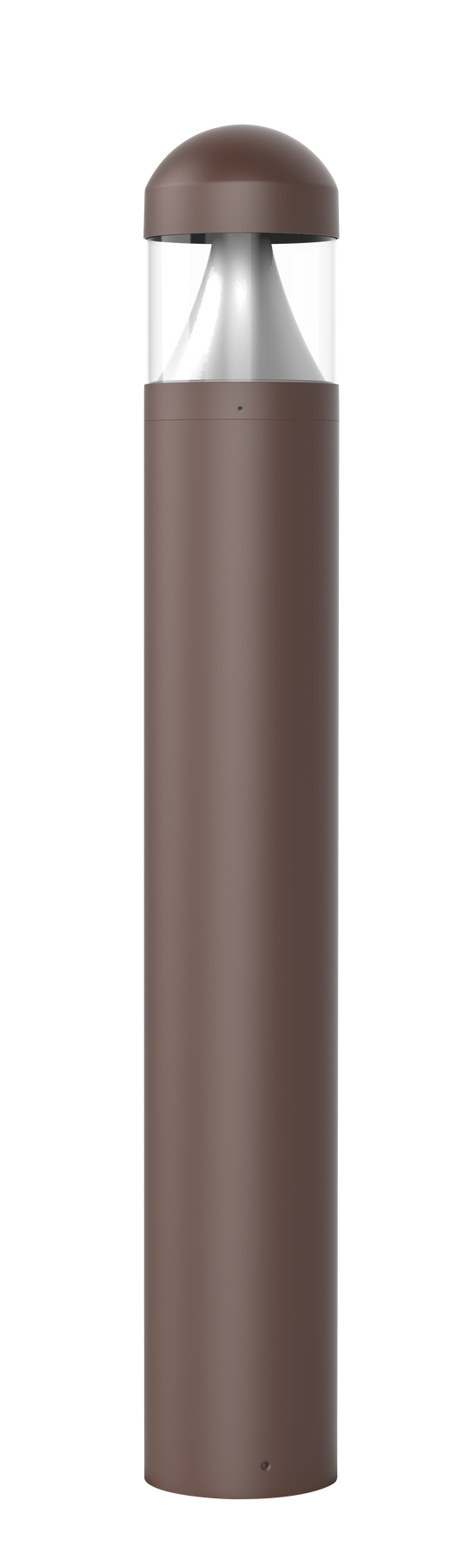 Brown cylindrical commercial led bollard light with dome top, clear glass housing, and cone reflector in bronze finish