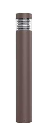Bronze finish commercial led bollard light with sleek cylindrical body layered glass diffuser and flat top louver reflector