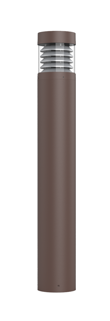 Bronze finish commercial led bollard light with sleek cylindrical body layered glass diffuser and flat top louver reflector