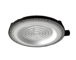 A circular industrial street light fixture with a black outer frame, a silver reflective interior, and a clear diffuser, shown against a plain white background.