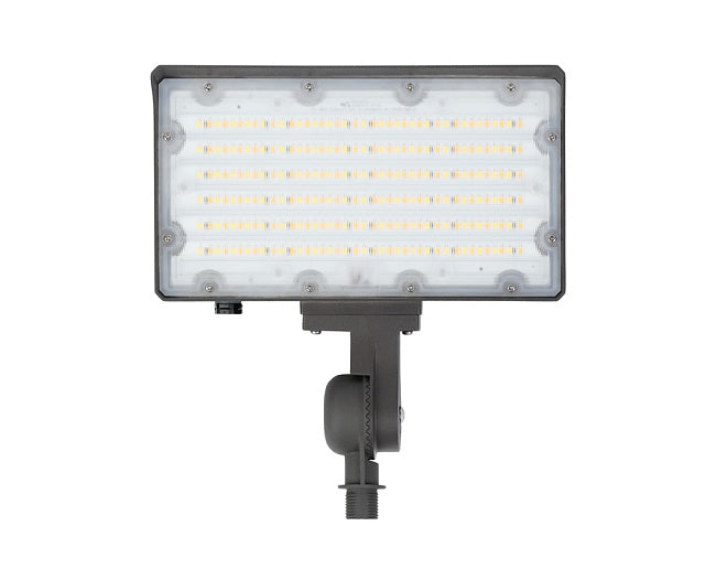 Black mini flood light with arm bracket on a white background