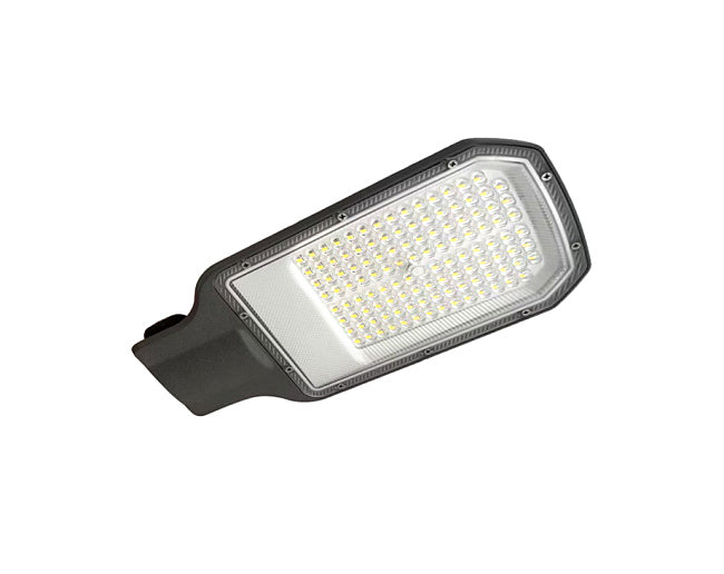 A modern rectangular LED street light with a black housing and a clear protective cover showing numerous illuminated white LEDs, isolated on a white background.