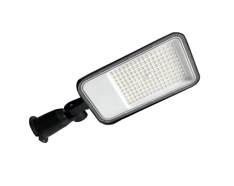 A rectangular LED street light with a black housing, adjustable mounting bracket, and white diffuser, shown on a plain white background.