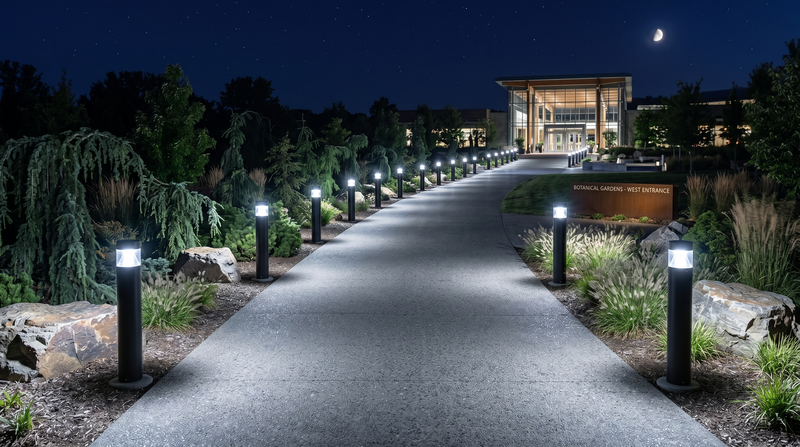 Black commercial led bollard light with cone reflector illuminates nighttime pathway with bright white led fixtures