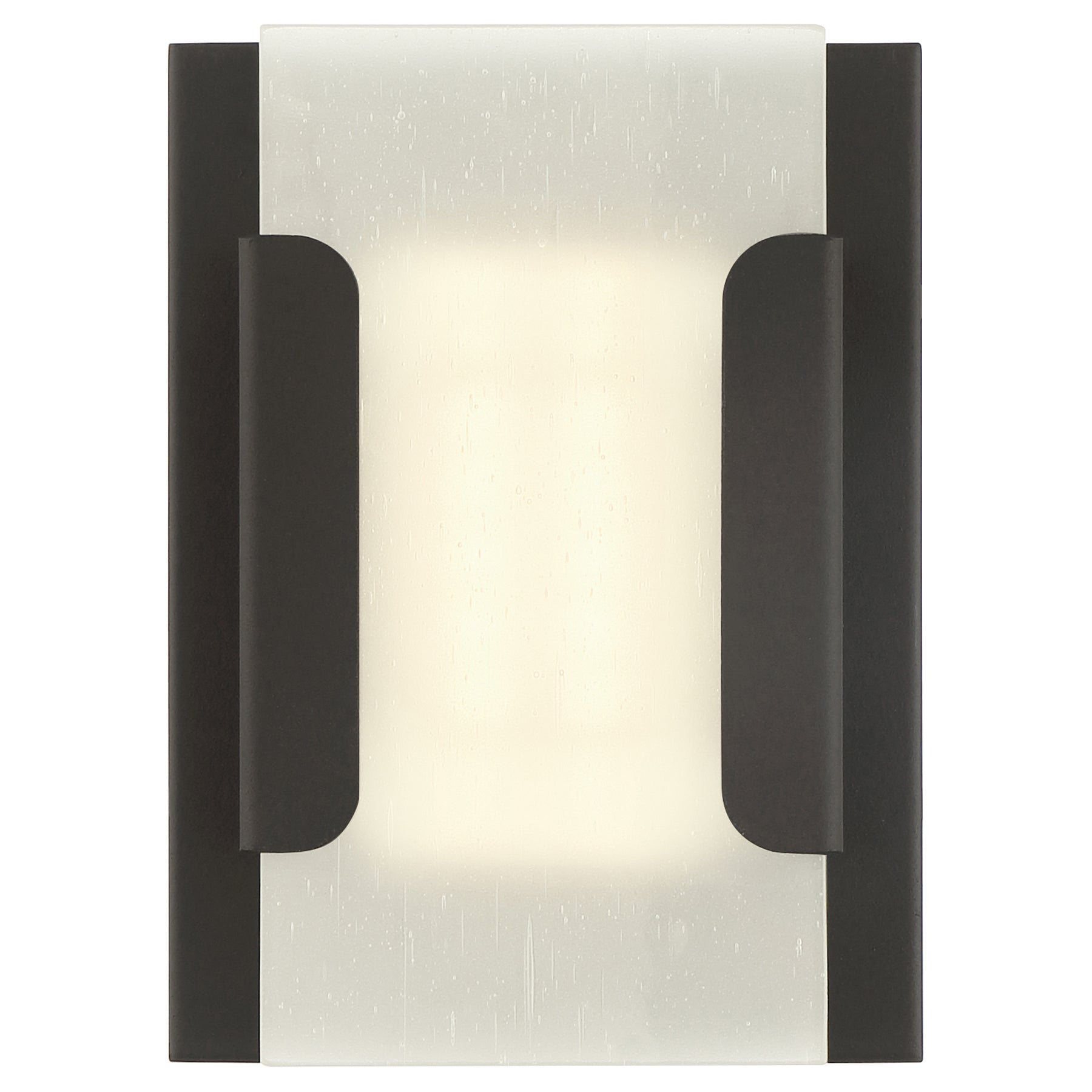 Modern wall light fixture with bronze frame and white glass on a white background