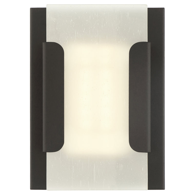 Modern wall light fixture with bronze frame and white glass on a white background