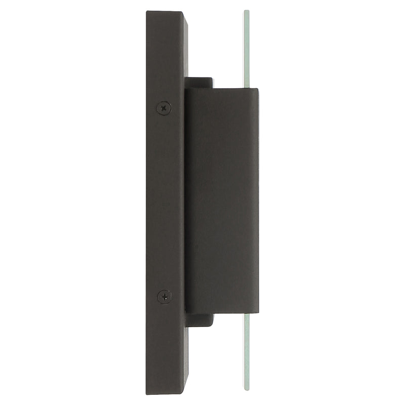 Bronze rectangular wall-mounted device with a thin vertical rod on a white background