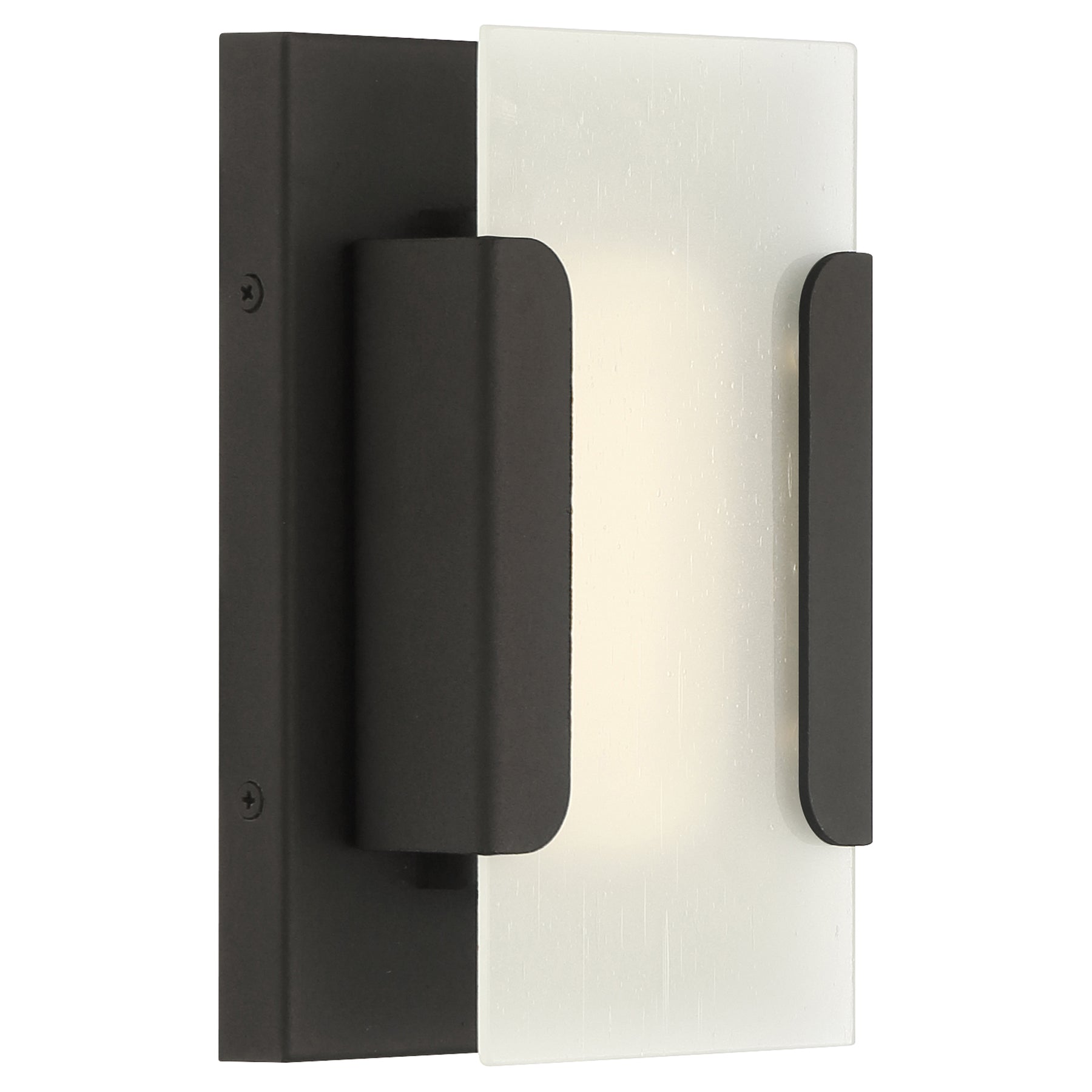 Modern wall sconce with bronze finish and frosted glass on a white background