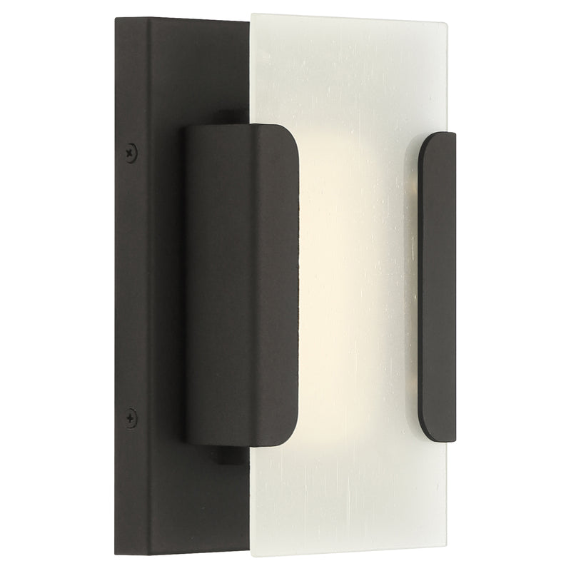 Modern wall sconce with bronze finish and frosted glass on a white background