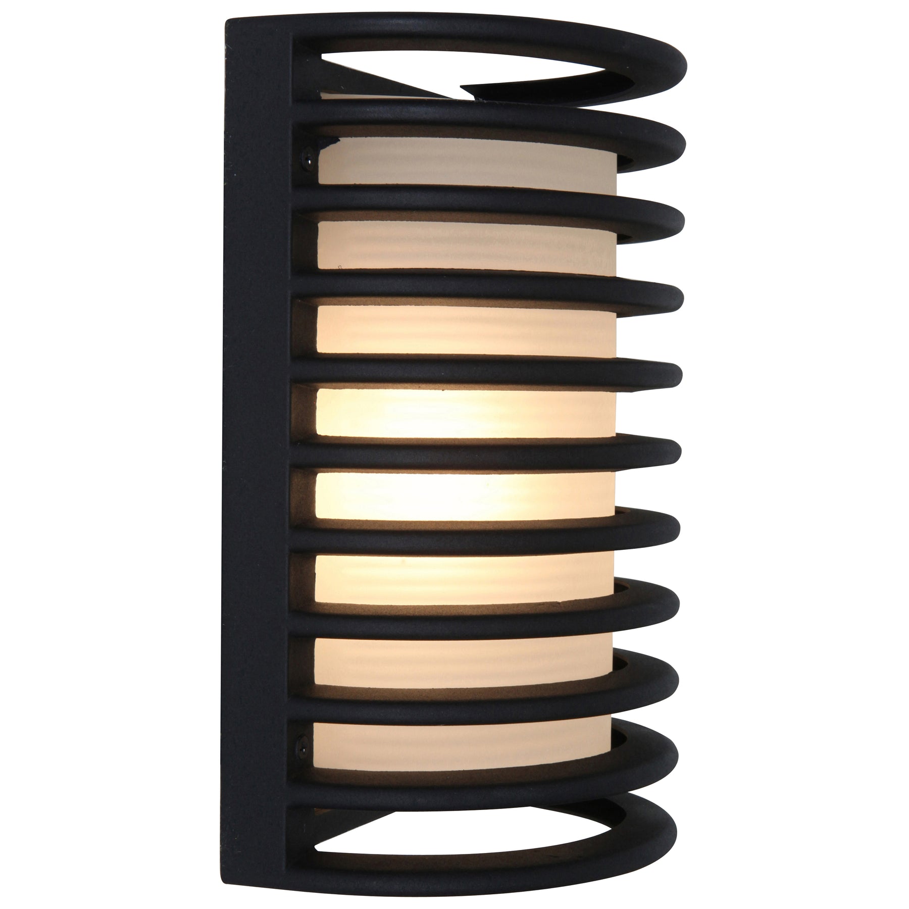 Black spiral wall mount light fixture on a white background