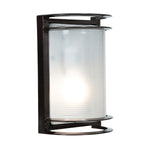 Wall-mounted outdoor light fixture with bronze frame and white glass on a white background
