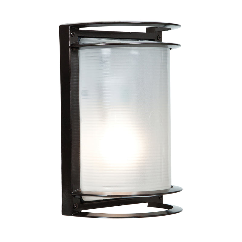 Wall-mounted outdoor light fixture with bronze frame and white glass on a white background