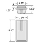 Technical drawing of a wall mount light fixture with dimensions labeled