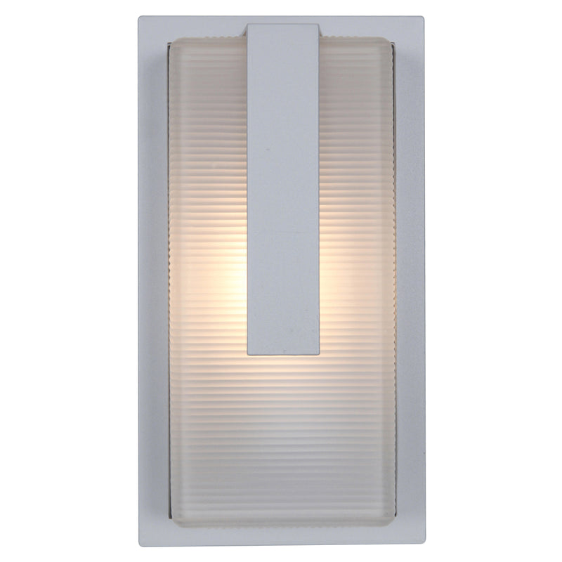 Satin finish wall light fixture with ribbed glass on a white background