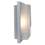 Satin wall-mounted outdoor light fixture with ribbed glass cover on a white background