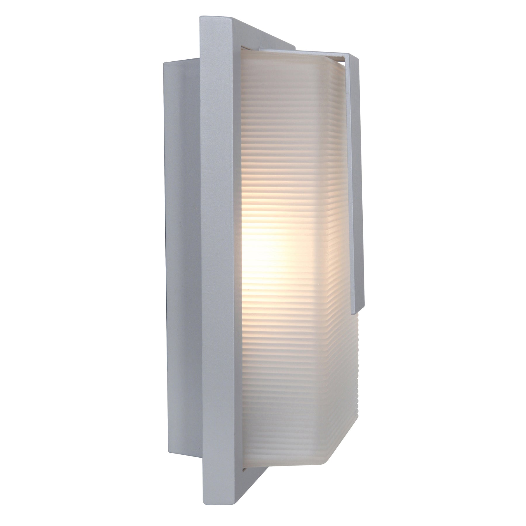 Satin wall-mounted outdoor light fixture with ribbed glass cover on a white background