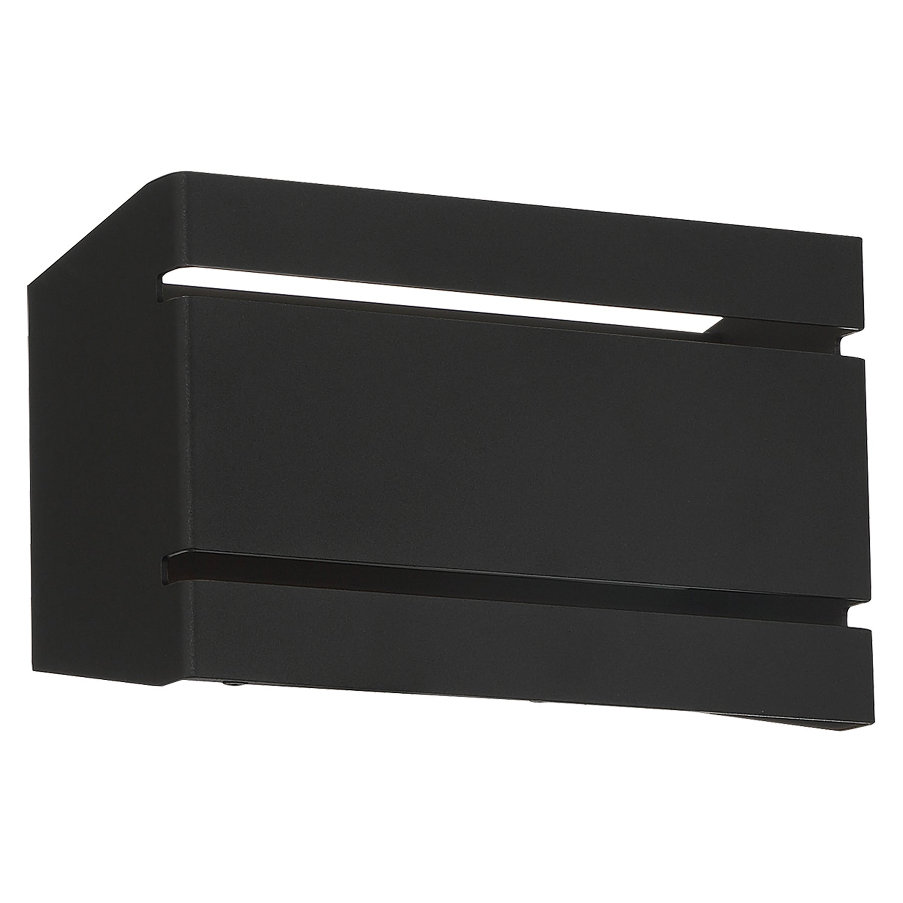 Black wall-mounted light fixture on a white background