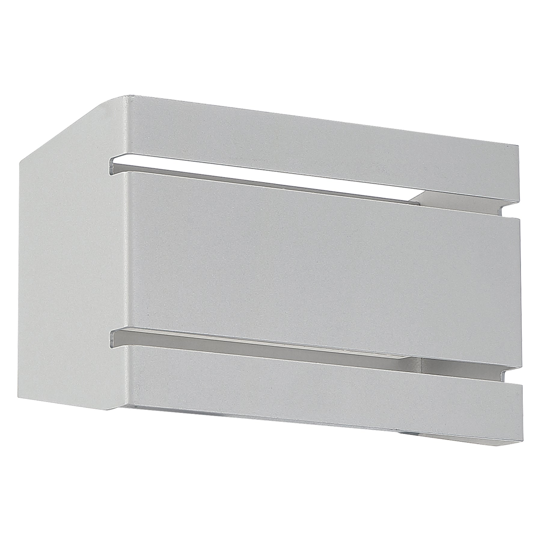 Modern wall-mounted light fixture with a satin finish on a white background