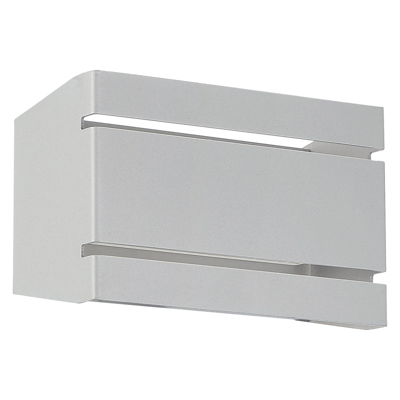 Modern wall-mounted light fixture with a satin finish on a white background