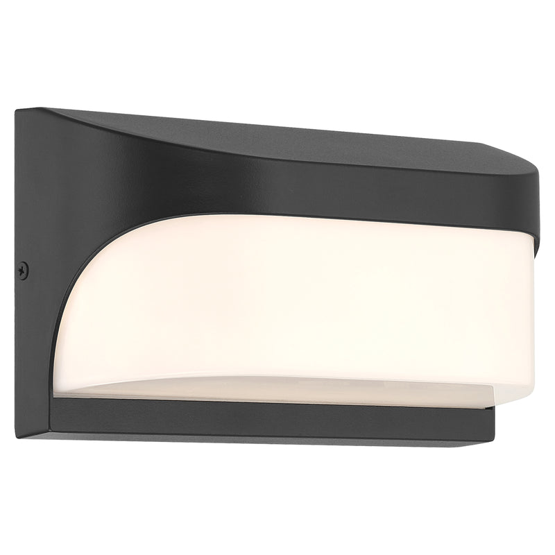 Black outdoor wall light fixture with white glass on a white background