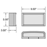 Dimensions of a rectangular wall mount light with side, top, and front views.