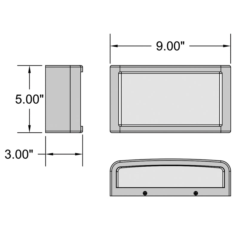 Dimensions of a rectangular wall mount light with side, top, and front views.