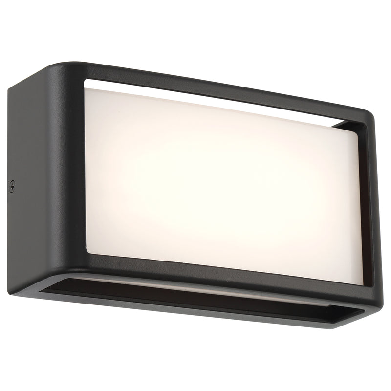 Modern outdoor wall light fixture with black frame and white glass on a white background