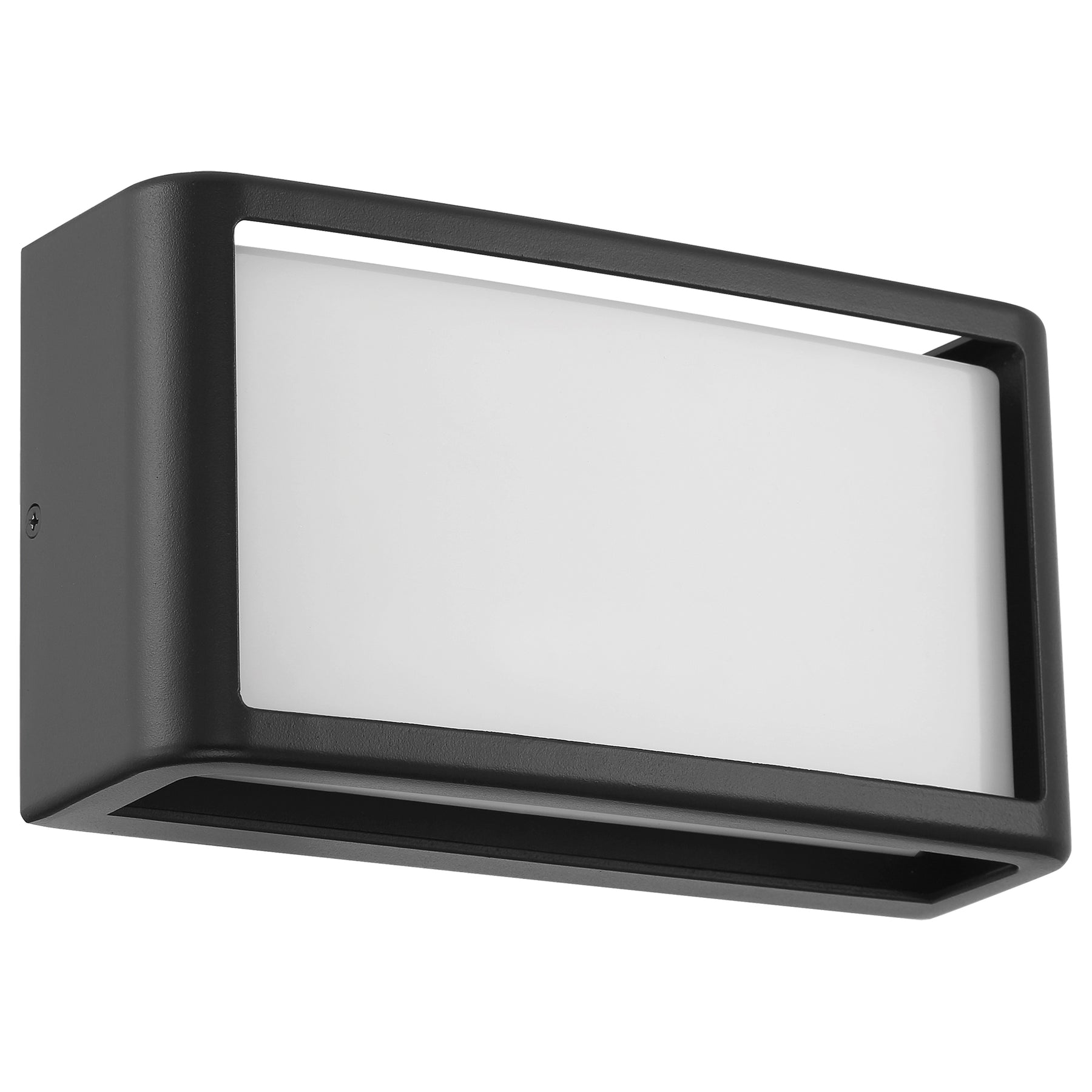 Black outdoor wall light fixture with white glass on a white background