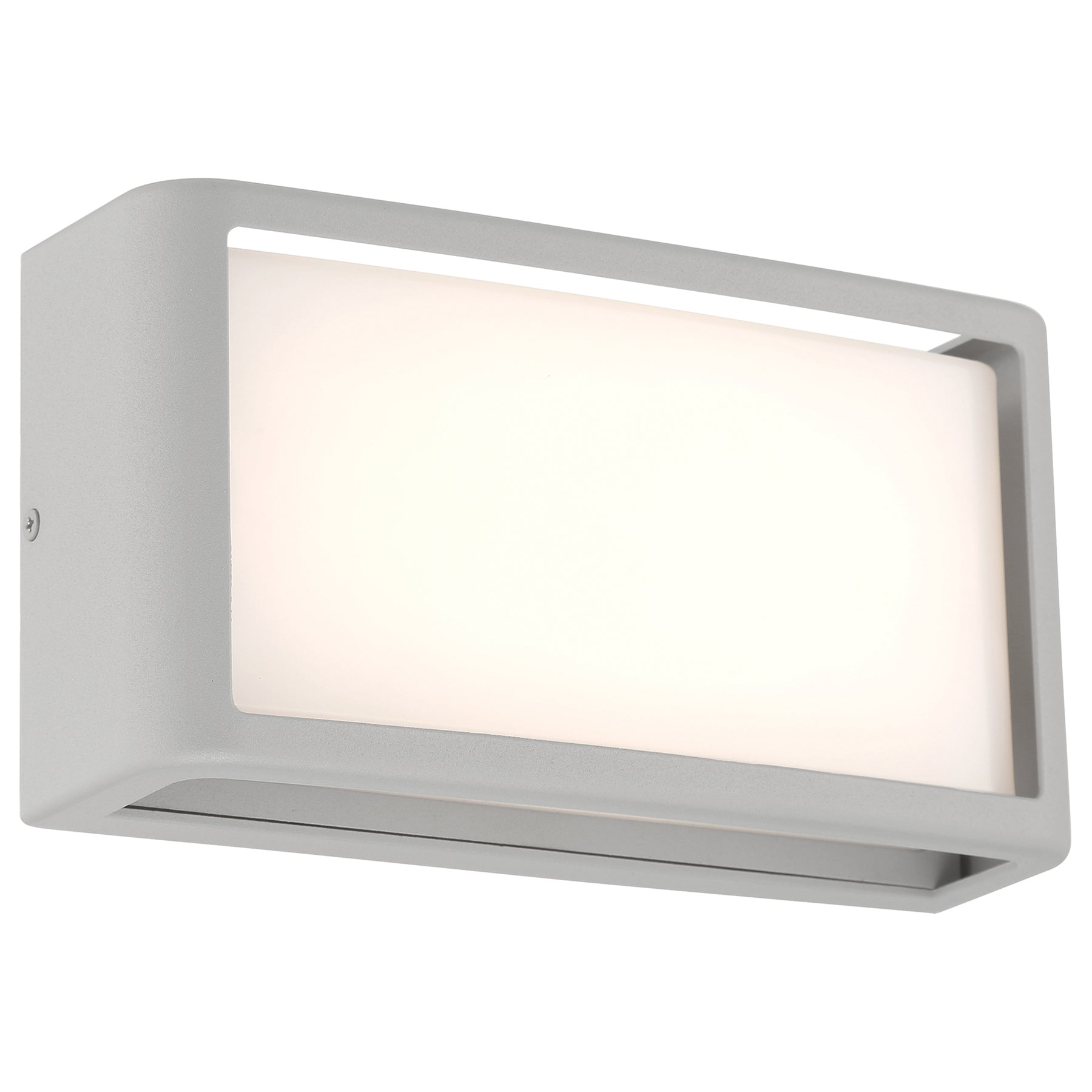 Modern wall-mounted light fixture with white shade and satin frame on a white background