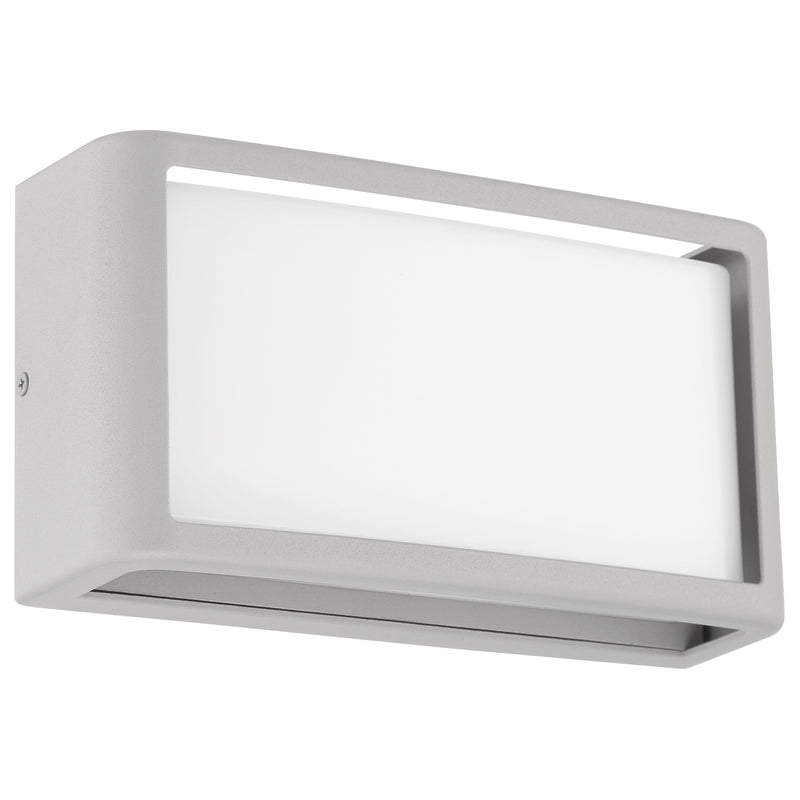 Rectangular satin finish wall light fixture with white glass cover on a white background