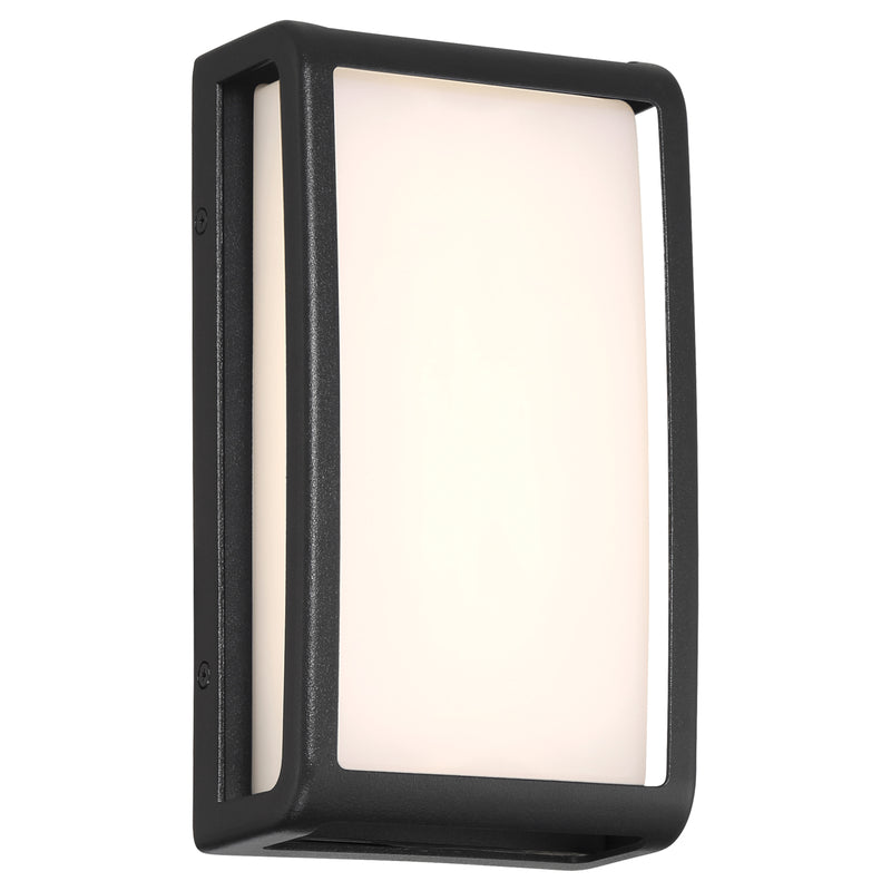 Rectangular wall light fixture with black frame and white glass on a white background