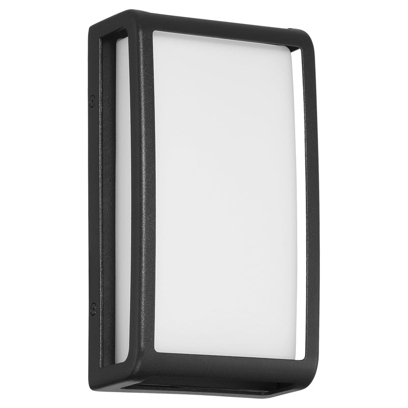 Rectangular outdoor wall light with black frame and white glass on a white background
