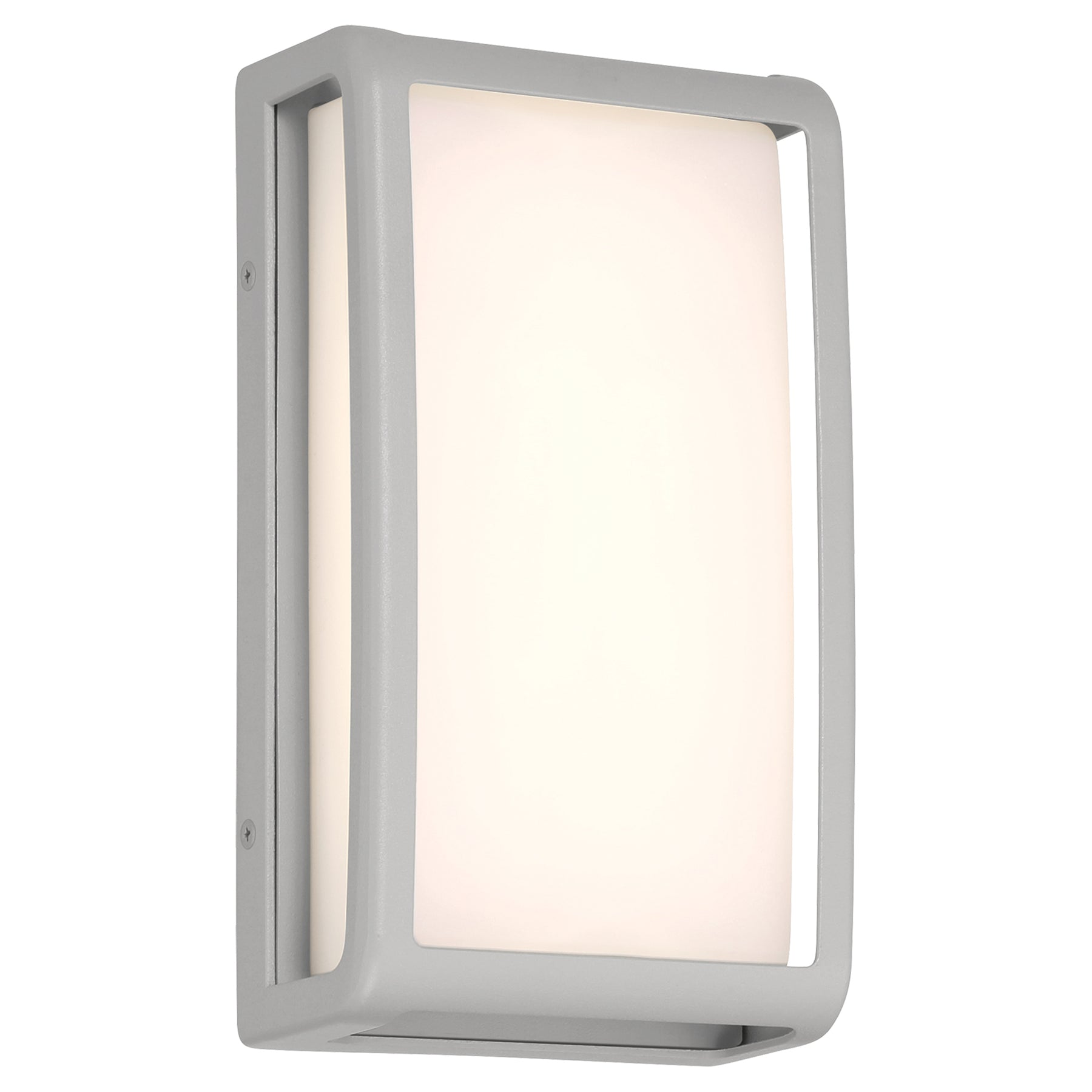 Rectangular satin wall light fixture with white glass on a white background