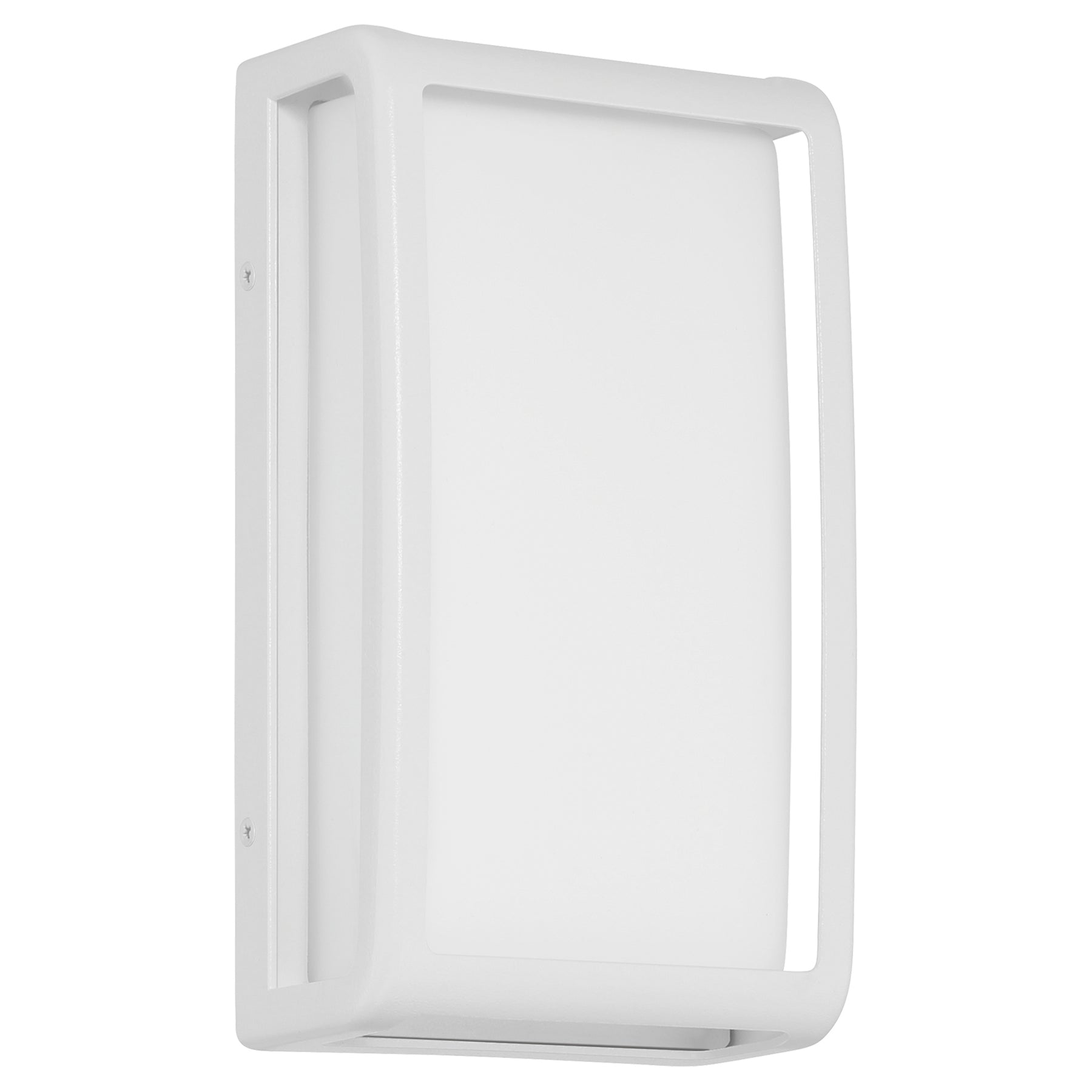 Rectangular white wall light fixture on a white background