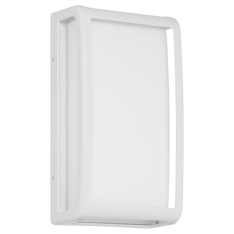 Rectangular white wall light fixture on a white background