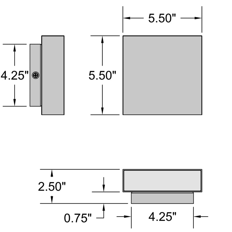 Technical drawing with dimensions of a square wall light fixture