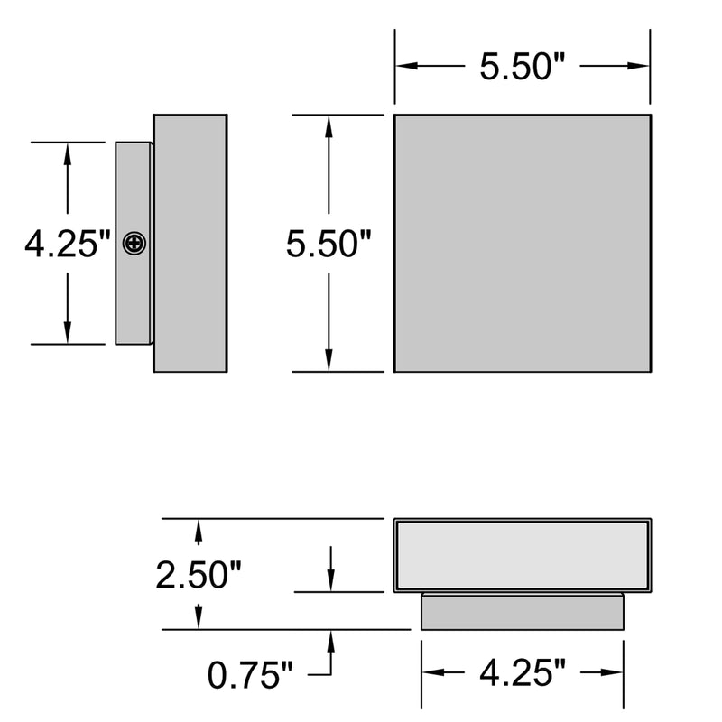 Technical drawing with dimensions of a rectangular wall mount light