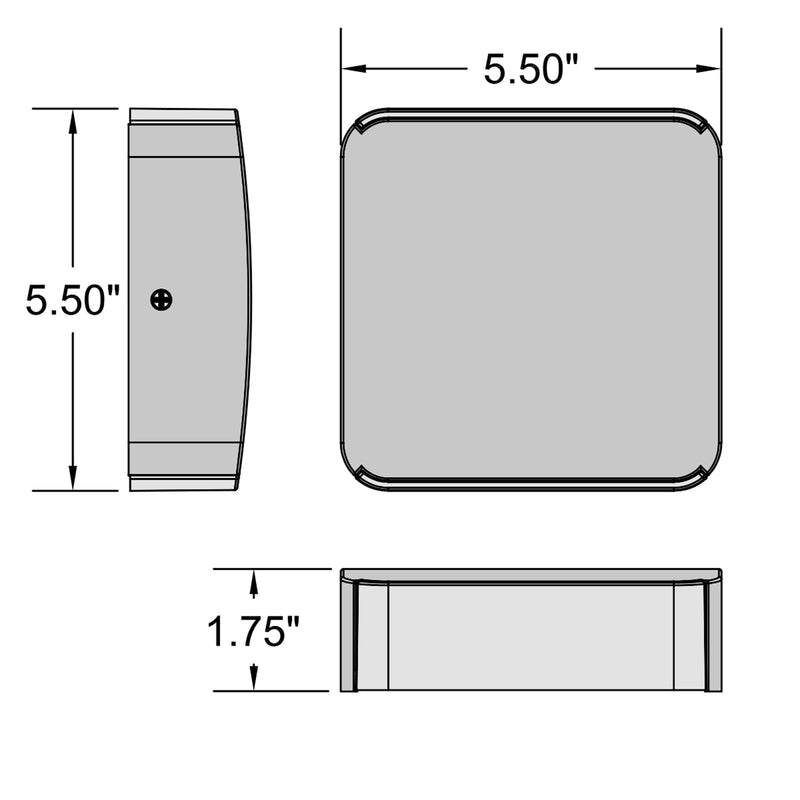 Technical drawing of a square wall mount light with dimensions labeled