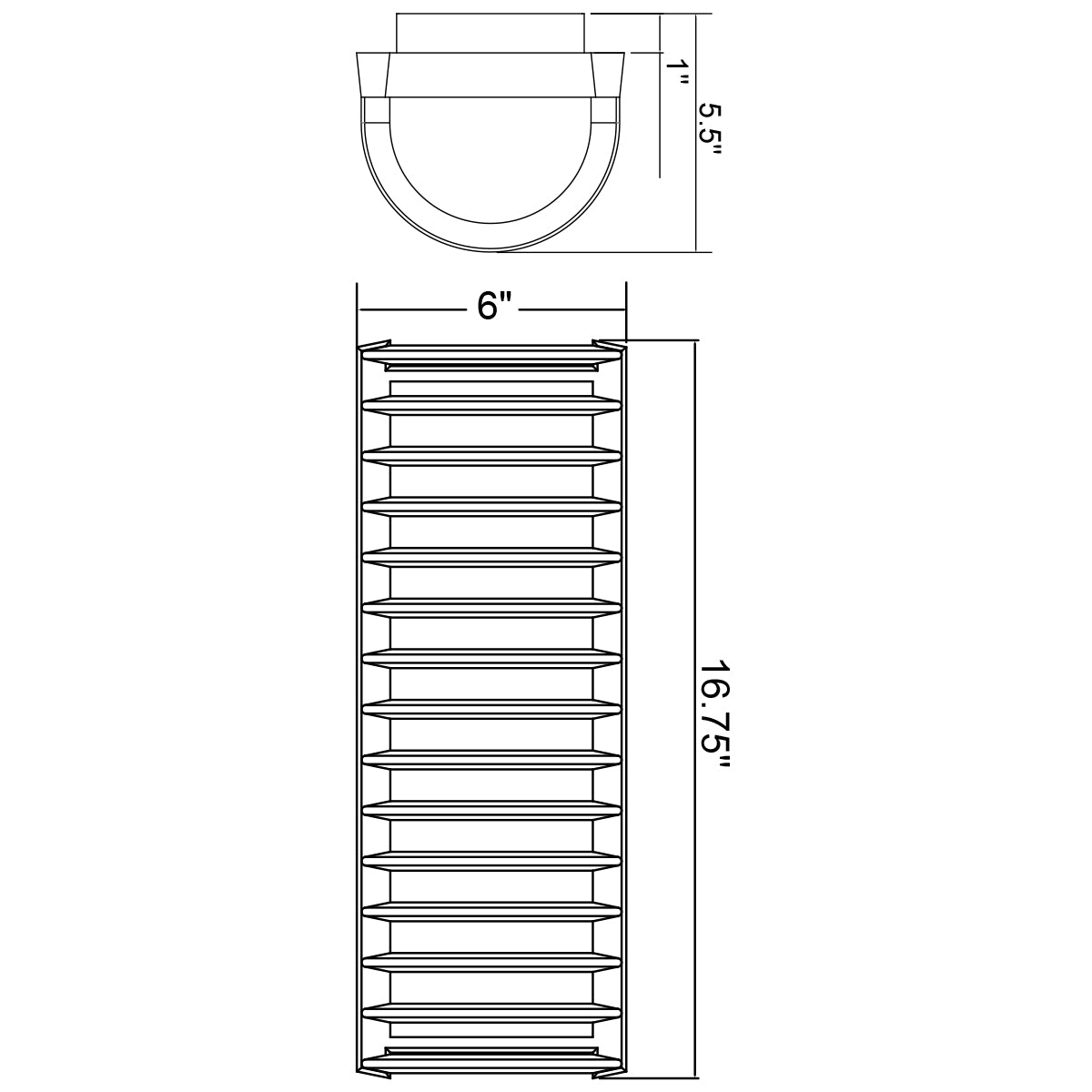 Technical drawing of a cylindrical wall light with dimensions on a white background