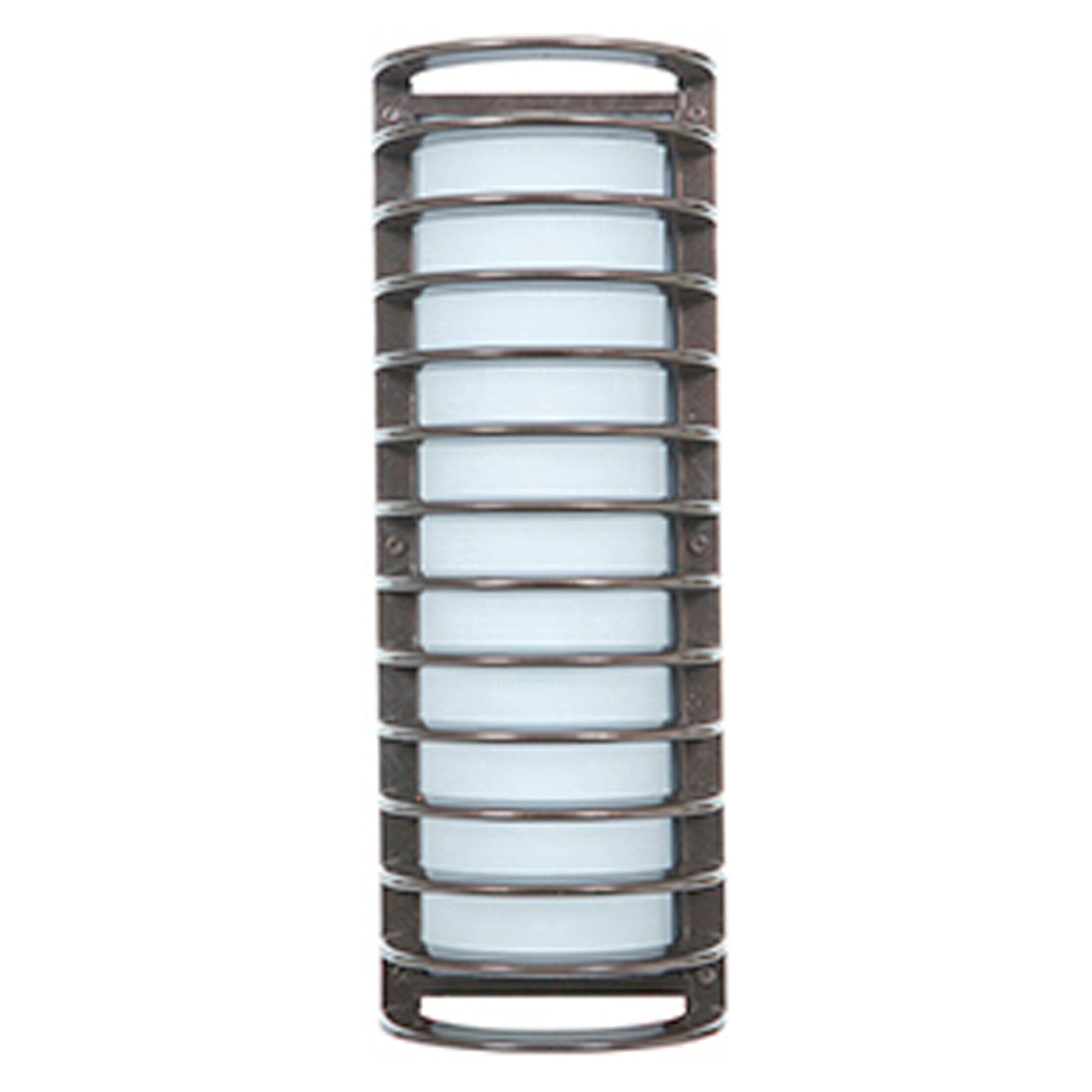 Cylindrical bronze outdoor light fixture with a metal cage on a white background