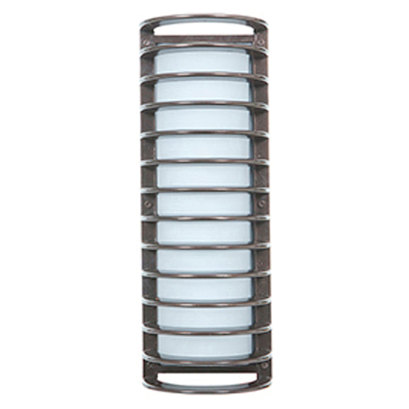 Cylindrical bronze outdoor light fixture with a metal cage on a white background