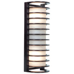 Bronze wall-mounted light fixture with layered glass design on a white background